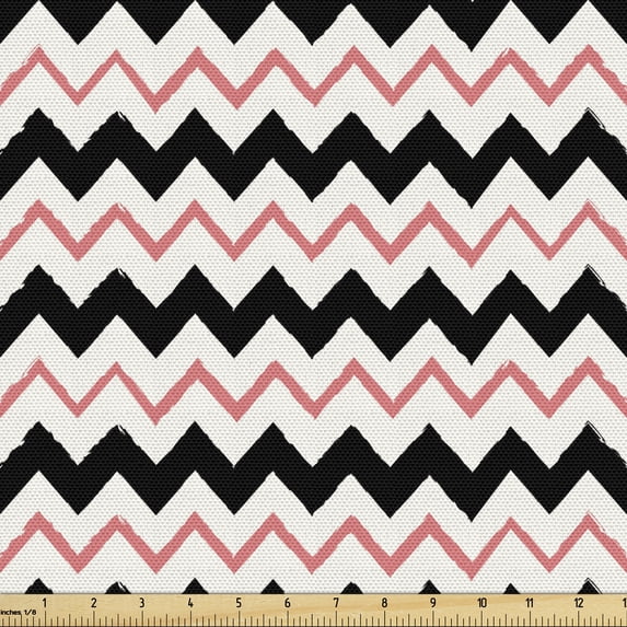 Geometric Upholstery Fabric by the Yard, Chevron Pattern Illustration of Horizontal Zigzag Lines Print, Decorative Fabric for DIY and Home Accents, White Charcoal Grey and Coral by Ambesonne