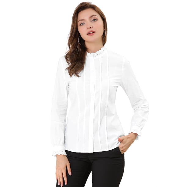 Camisa con botones plisada de algodón Allegra K oficina de trabajo con volantes y cuello falso blanco S