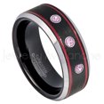 thumbnail image 1 of Tri-Color Black Red Stripe Tungsten Ring - 0.21ctw Pink Tourmaline 3-stone Band - Personalized Tungsten Wedding Ring - Custom Made October Birthstone Ring TN745BS, 1 of 1
