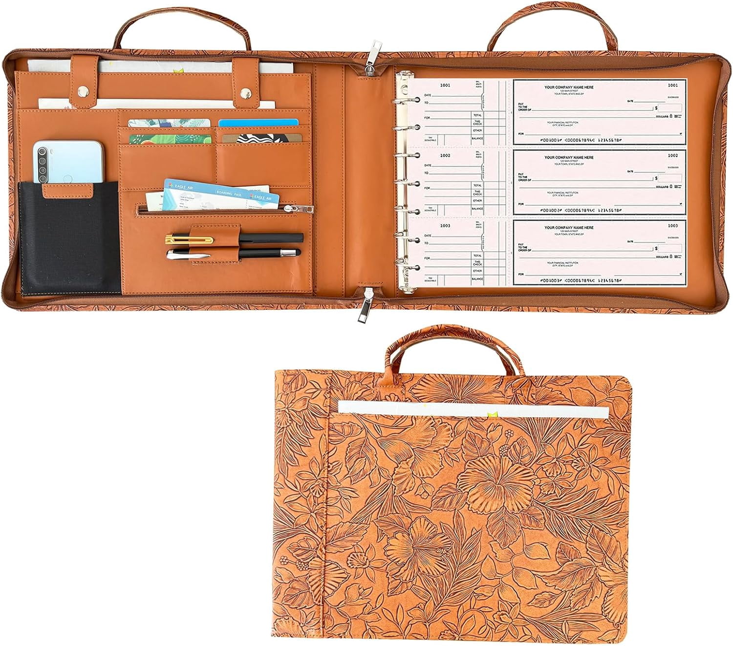 7 Ring Check Binder Vegan Leather Portfolio for 3-Up Business Size Checks, with Handle and Zippered Briefcase with 500 Check Capacity，9 x 13 inch Sheets (Hua Brown, Standard) (Hua Brown)