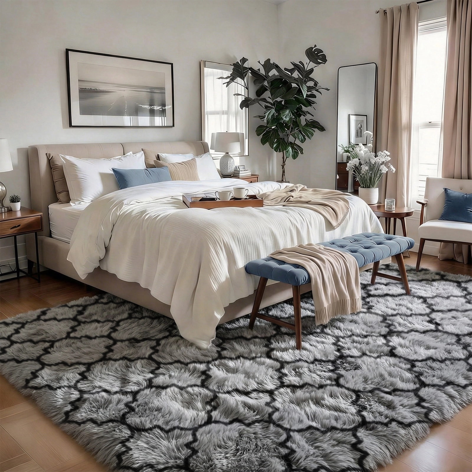 Pentantan Shag Area Rug, 5ft x 8ft Geometric Soft Fluffy Rugs for Living Room Bedroom Indoor Carpet, Gray & Black