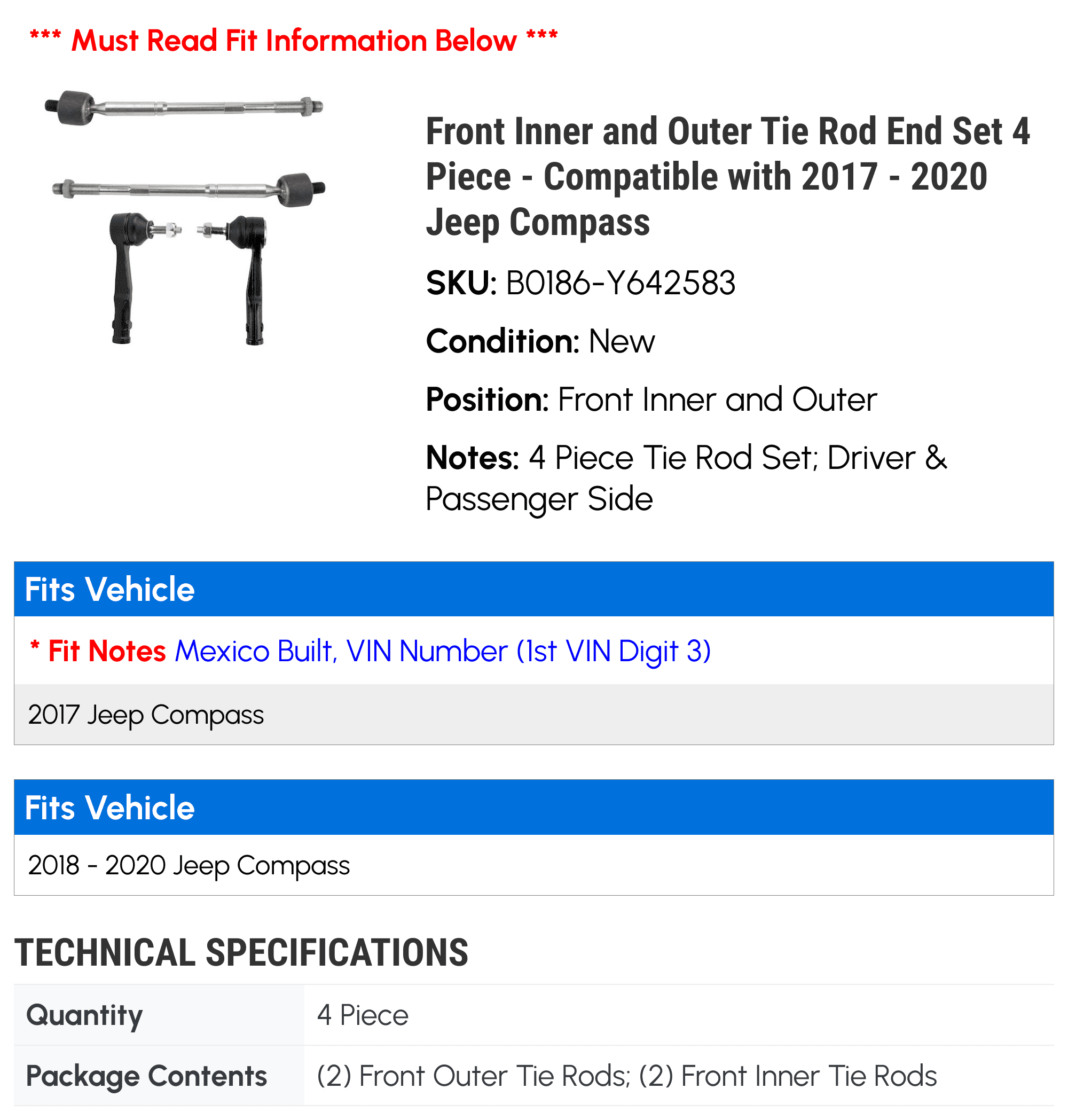 Front Inner and Outer Tie Rod End Set 4 Piece - Compatible with 2017 - 2020 Jeep Compass 2018 2019