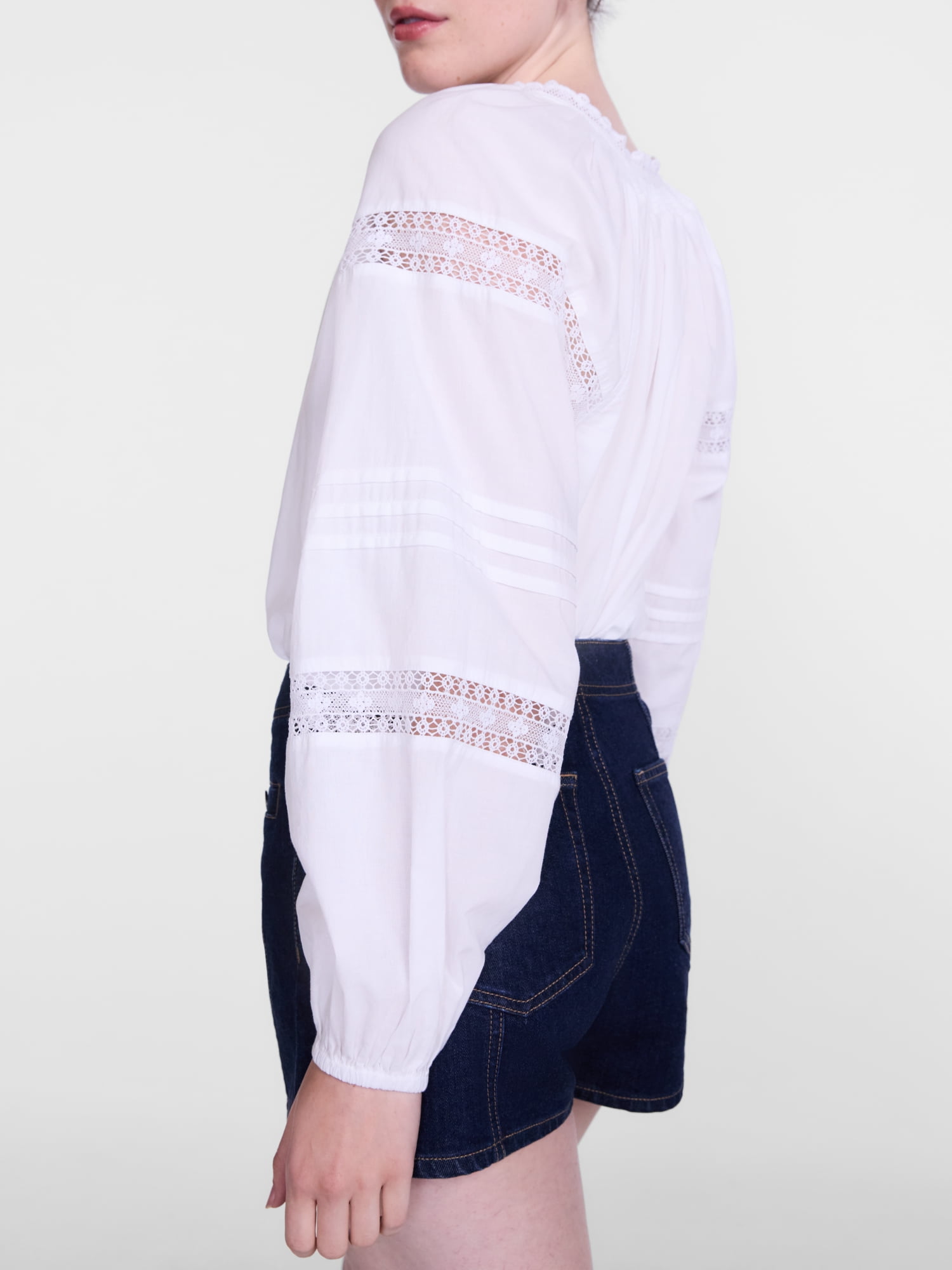Scenario Women's and Women's Plus Smocked Neck Top with Lace Inserts, Sizes XS-4X