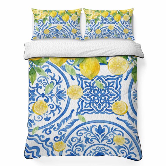 Quilt Sets Twin XL Size Summer Lemon Comforter Set Soft Bedspread Coverlet 3 Pieces Fruit Blue Flower Pattern Quilted Bedding Set with 2 Pillowcases Thin Comforter Bed Cover 68x98 Inch