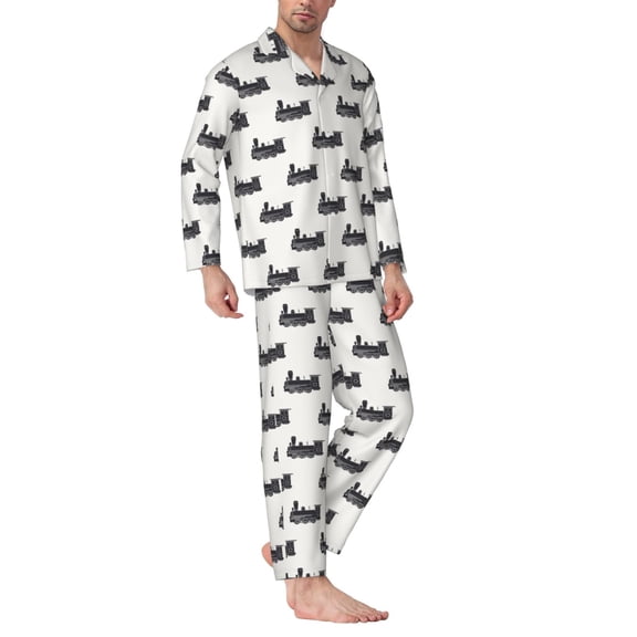 Mens Pajamas Set - Funny Train Pattern Comfy Long Sleeve Button Up Pajama Sets for Men 2 Piece, Soft Sleepwear Nightwear Pjs Lounge Sets for Men with Pockets
