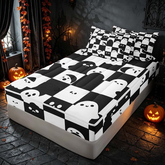 Homewish Halloween Ghost Zipper Twin Comforter Sets with Fitted Sheet and 2 Pillowcases, Spooky Animal Checkered Zipper Bedding Set, Black White, Black Reversible