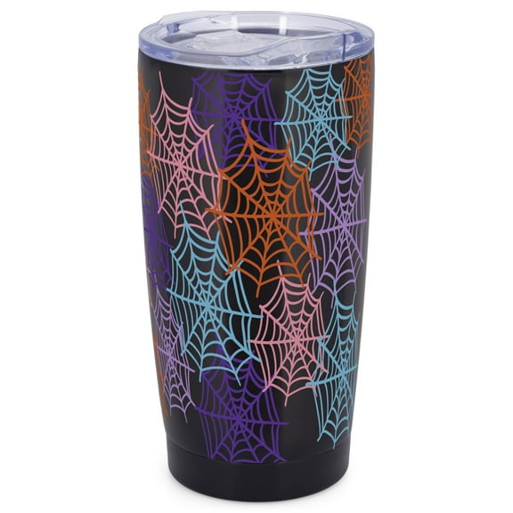 Elanze Designs Spider Cobwebs Spooky Halloween Wrap-Around Design 20 Ounce Stainless Steel On-The-Go Coffee Mug, Thermal Travel Tumbler with Leak Resistant Slide Lid, Sleek Black