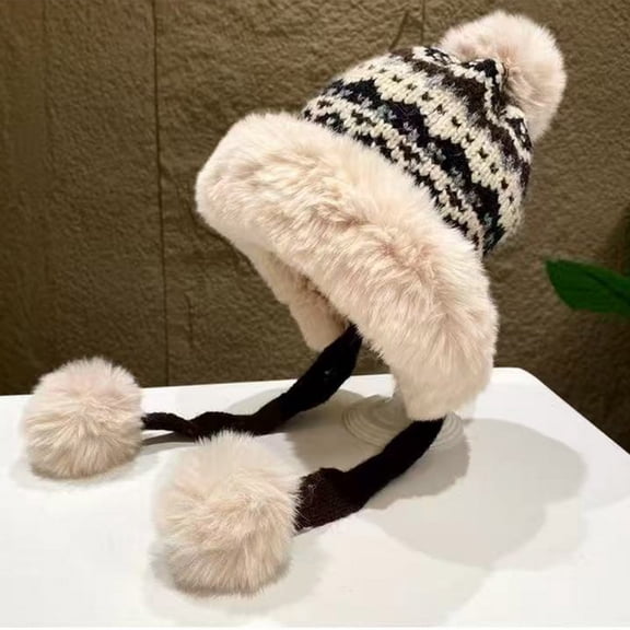 absanyy Winter Thickened Fleece Beanie for Women with Plush Ear Flaps -Cute Pom-pom Knit Hats Perfect for Cold Weather,Black