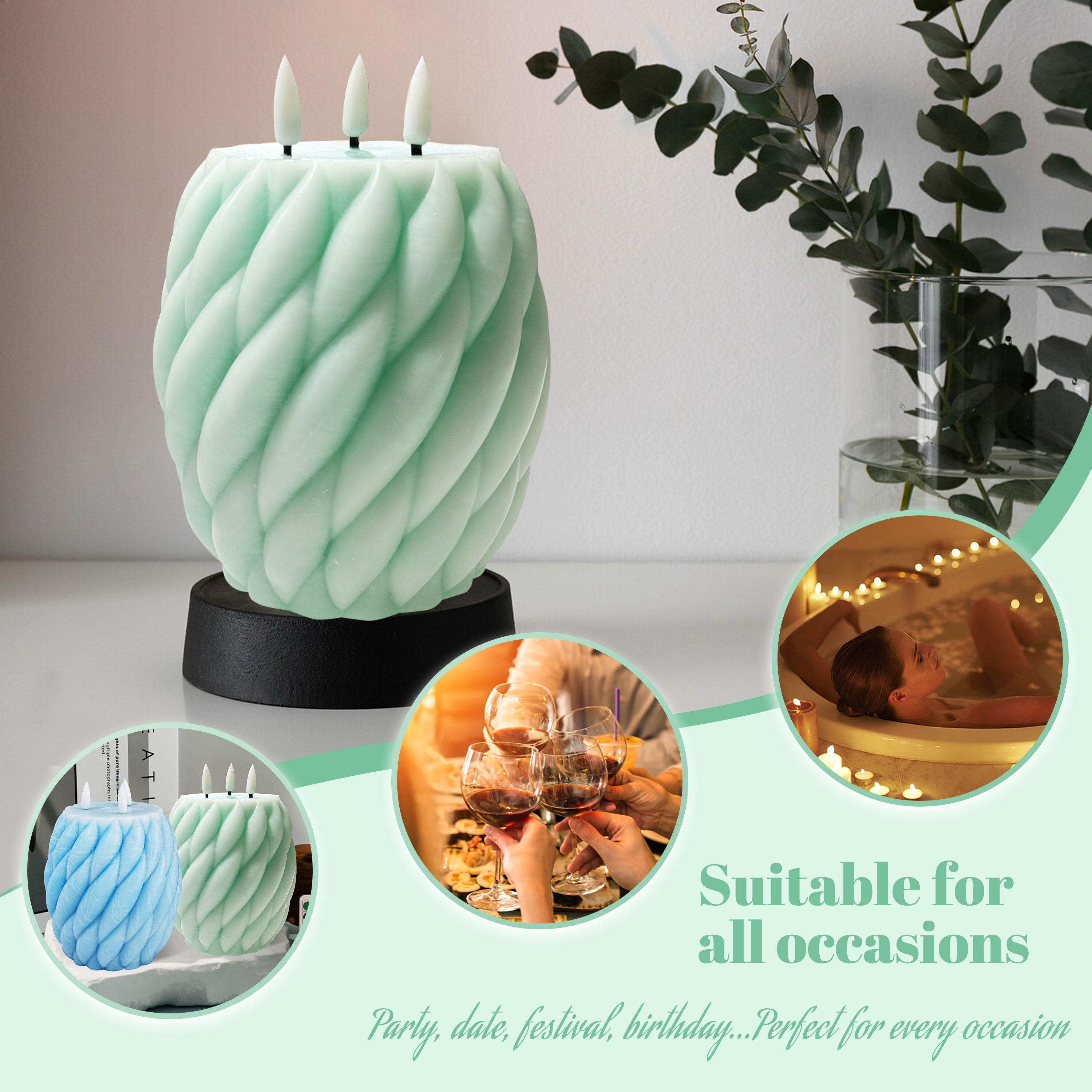Green Knot Ball Flickering Flameless Candles, Real Wax LED Candles with Remote and Timer, 4.8 Inch Battery Operated Spiral Pillar Candles for Room Decor Home Wedding Decoration