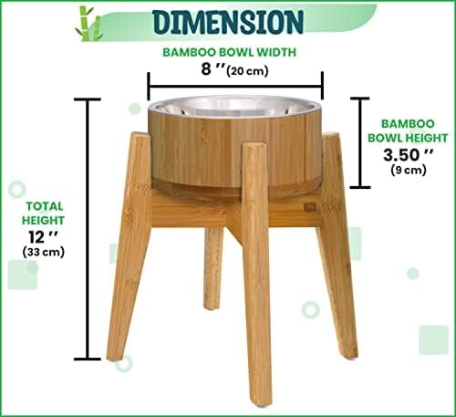 Raised Dog Bowl with Stand (12-inch) - Elevated Bamboo Food Bowl with Stainless Steel 304 Insert - Medium-to-Large Breeds Suitable