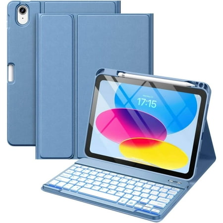 Funbiz iPad 10th Generation Case with Keyboard 2022 10.9 inch, 7 Colors Backlit Wireless Detachable Folio Keyboard Cover with Pencil Holder, Auto Sleep/Wake Tablet Cover, Blue