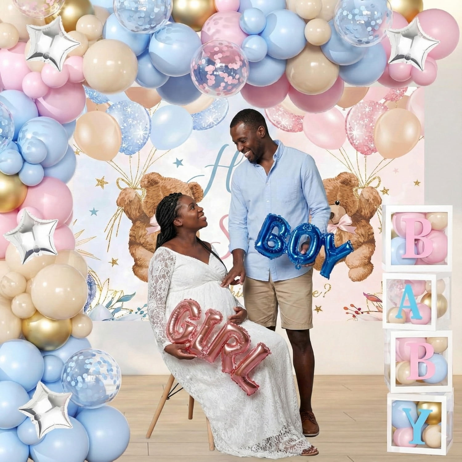 Happy Greetings Gender Reveal Party Decoration Kit Bear Backdrop Pink Blue Balloon Garland 4pcs Baby Box with Letters