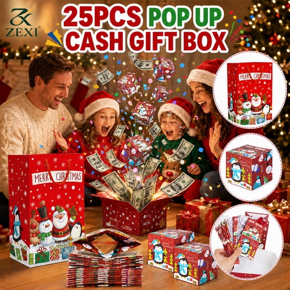 Christmas Surprise Gift Box Explosion for Money, 25Pcs Pop Up Cash Gift Box with Gift Bag for Birthday, Holiday Gifts