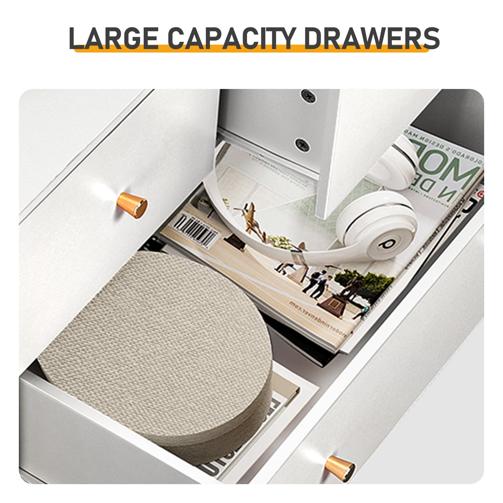 5-Drawer Dresser, 3+2 Drawer Storage Cabinet with Linen-Textured Melamine Surface, Gold Handles, Particle Board Chest of Drawers for Bedroom Living Room Hallway
