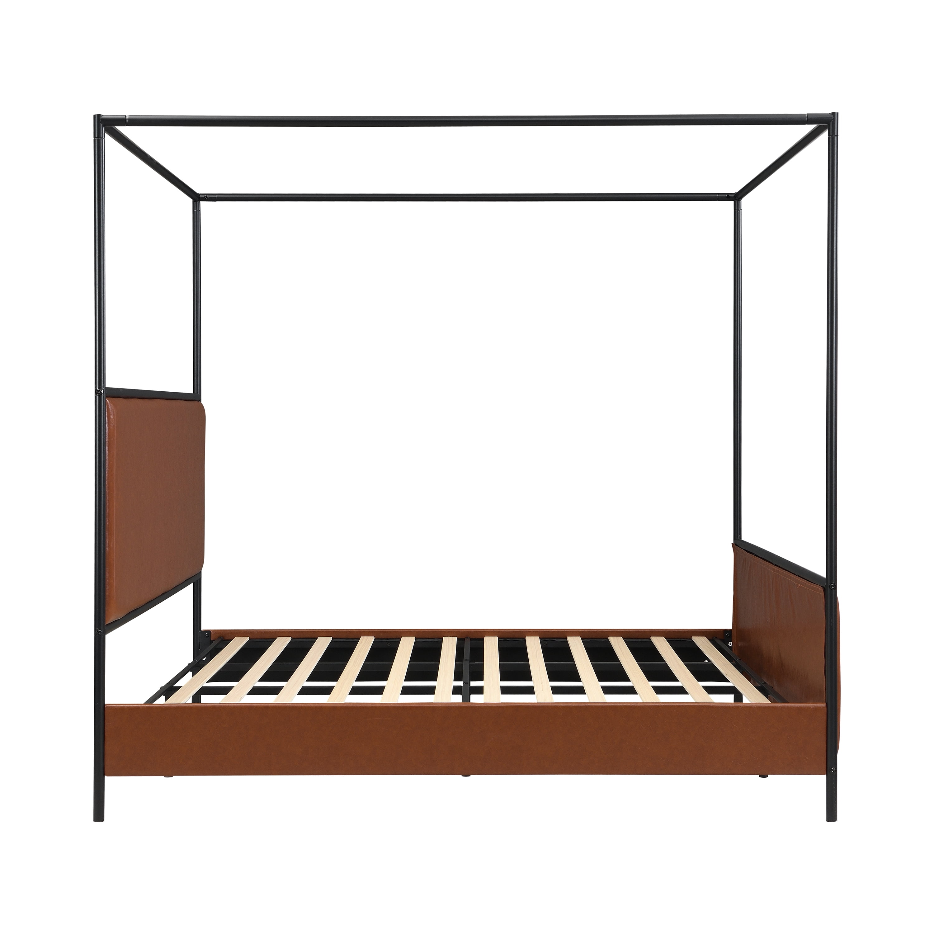 King Size Canopy Bed Frame with PU Leather Upholstered Headboard & Iron Legs, 4-Poster Bed with Wood Slats for Bedroom, Brown+Black