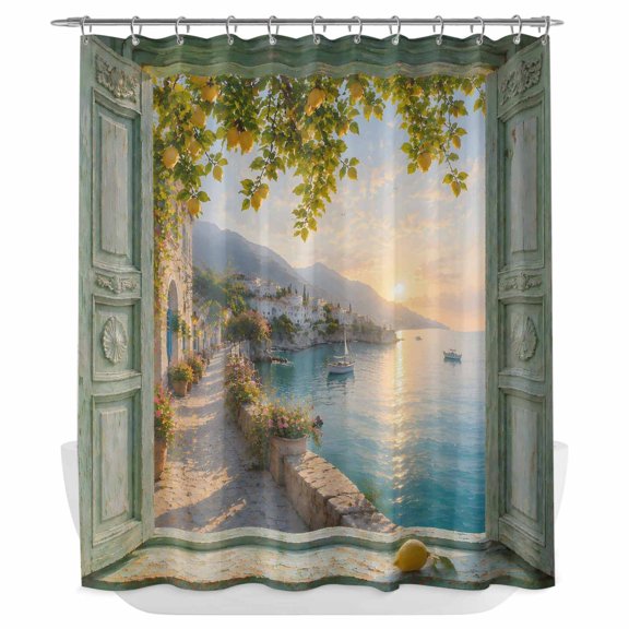 Open Window Shower Curtain - Water Repellent Fabric Shower Curtains Washable, Summer Lemon Coastal Country Manor Decorative Polyester Cloth Bathroom Curtains Modern Bath Decor 72"x72"