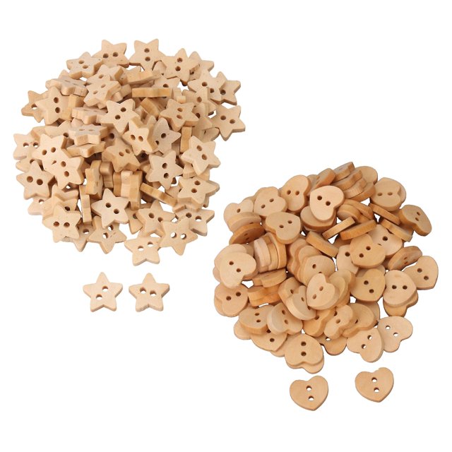 Juego de 200 botones de madera natural yuxing forma de estrella y corazón para manualidades de costura