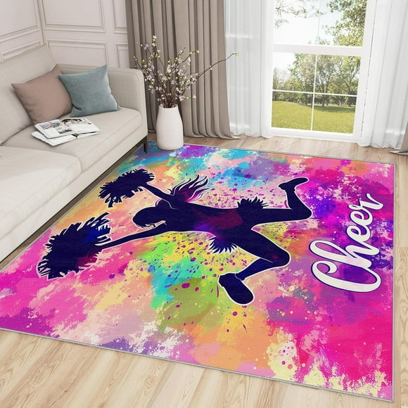 Cheer Rugs for Bedroom - 4x6 Rug, Cheerleader Rug - Home Decor, Cheerleading Area Rug, Colorful Dance Washable Rugs for Living Room Bedroom, Girls Dancing Carpet, Cheer Gifts for Girls