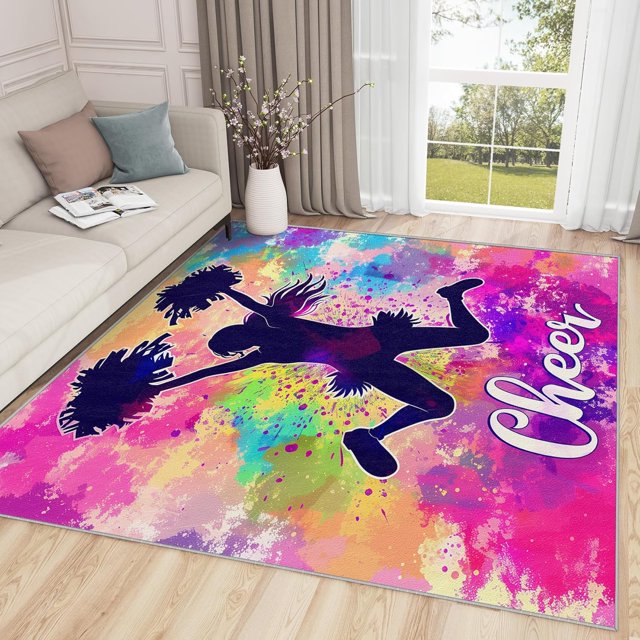 Cheer Rugs for Bedroom - Cheerleader Rug, 3x5 Rug, Cheerleading Area Rug, Colorful Dance Washable Non Slip Rugs, Girls Dancing Carpet - Home Decor, Cheer Gifts for Girls