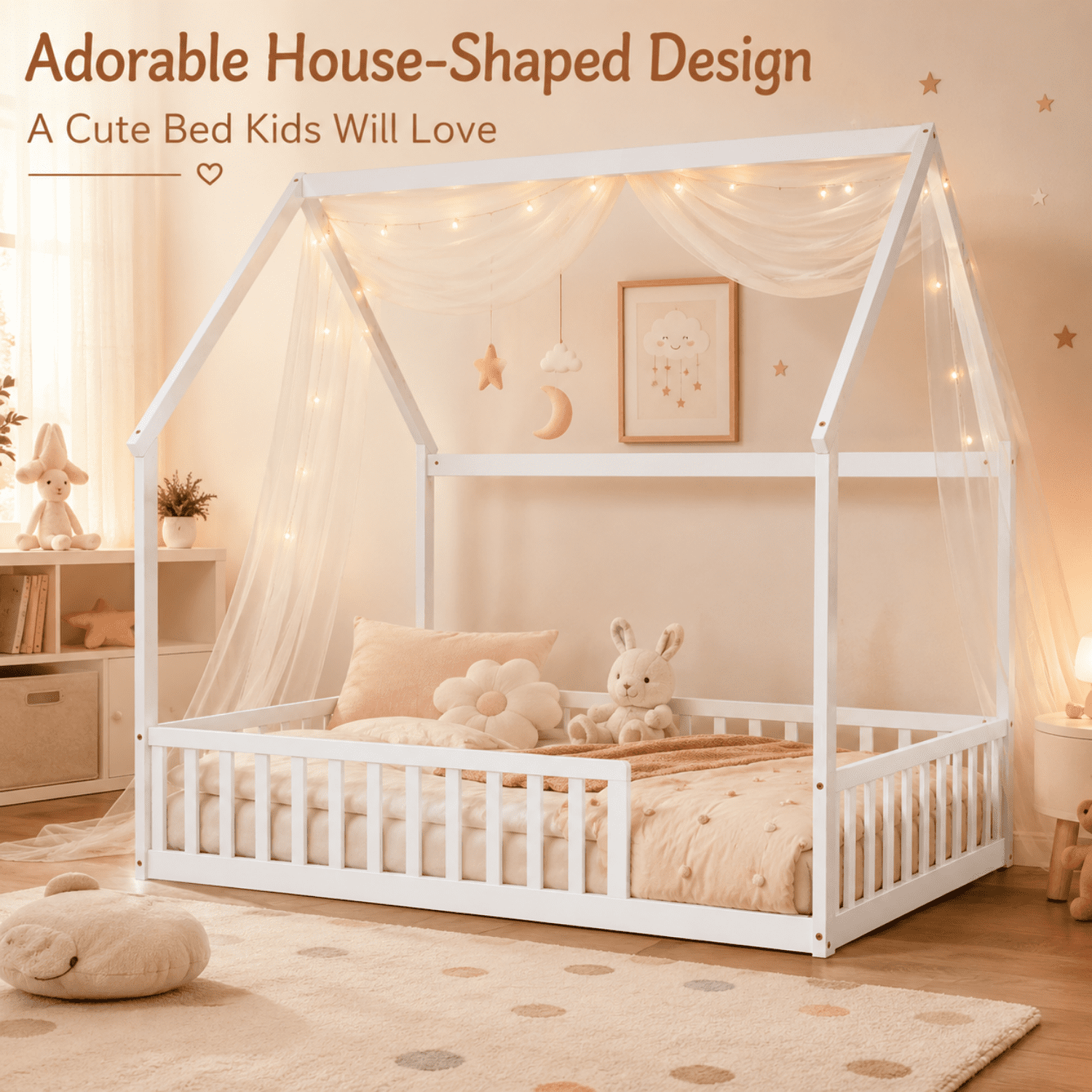 Miniyam Full Size Kids House Floor Bed with Fence, Wood Montessori Bed Frame, White