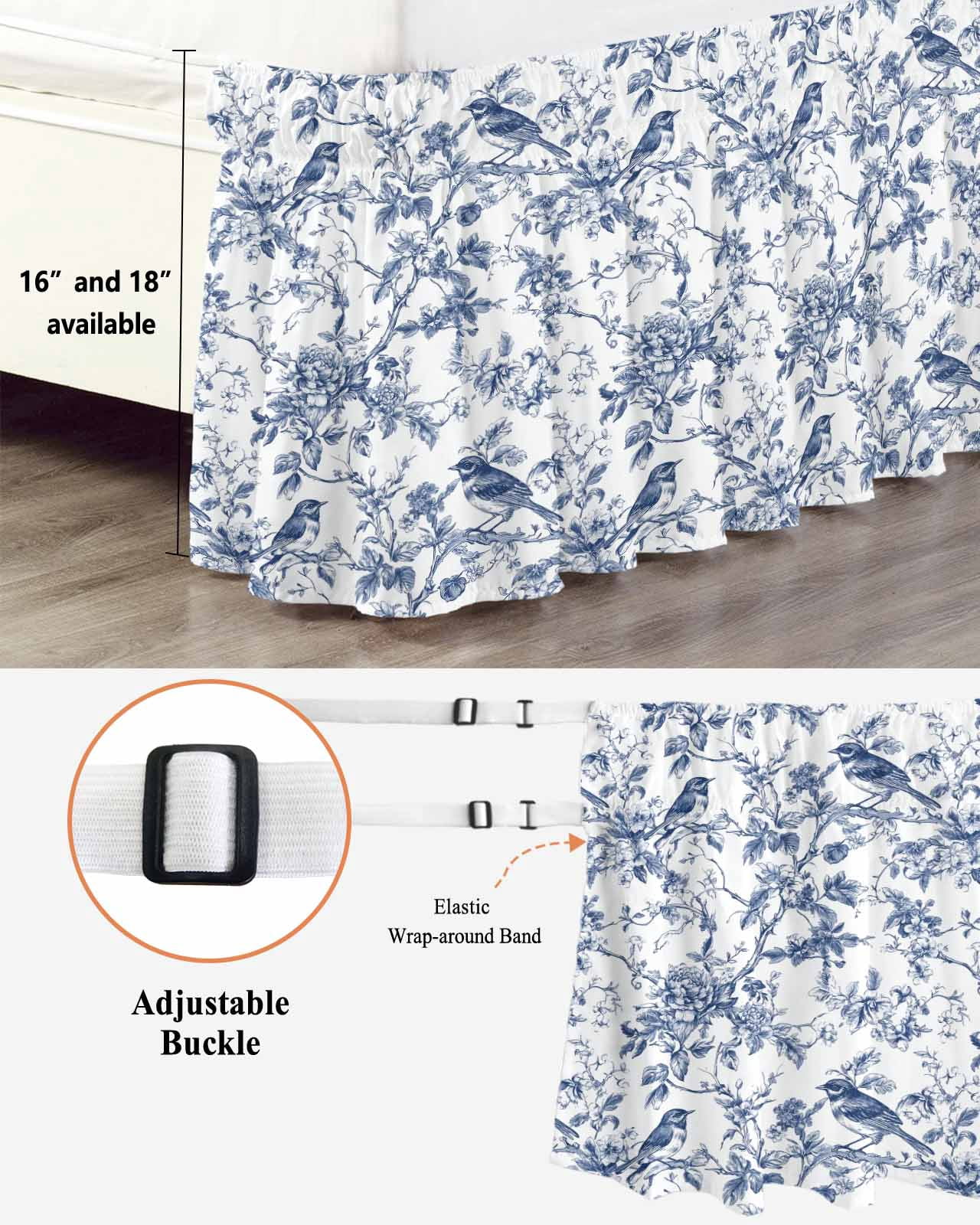 Blue Botanical Bed Skirt Queen Size, Vintage Botanical Birds Wrap Around Bed Skirting with Adjustable Elastic Strap, Dust Ruffle Pleated Bedskirts 16 Inch Drop for Bedroom Queen Beds