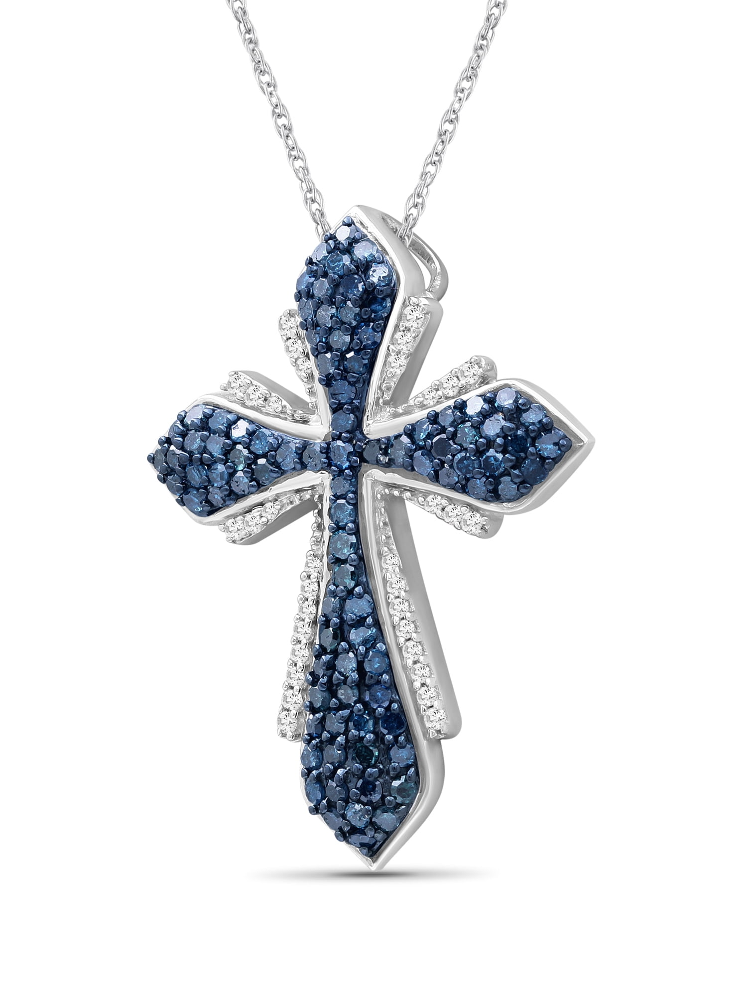JewelersClub Sterling Silver 1.00 Carat Diamond Cross Pendant Necklace for Women Blue & White Diamonds + 18” Rope Chain Included JewelersClub Sterling Silver