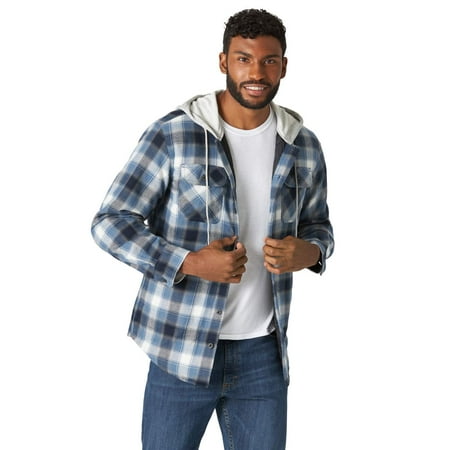 Wrangler Authentics Men s Long Sleeve Quilted Lined Flannel Shirt Jacket with Hood Blue/Black Large