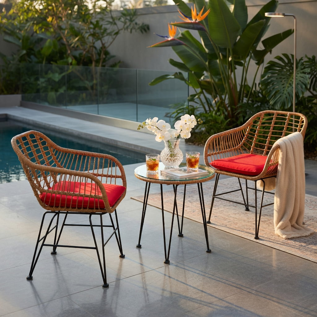Hommoo 3-Piece Rattan Outdoor Furniture Set, 2 Cushioned Chairs + Tempered Glass Coffee Table, Weather-Resistant, Indoor/Outdoor Use, Red