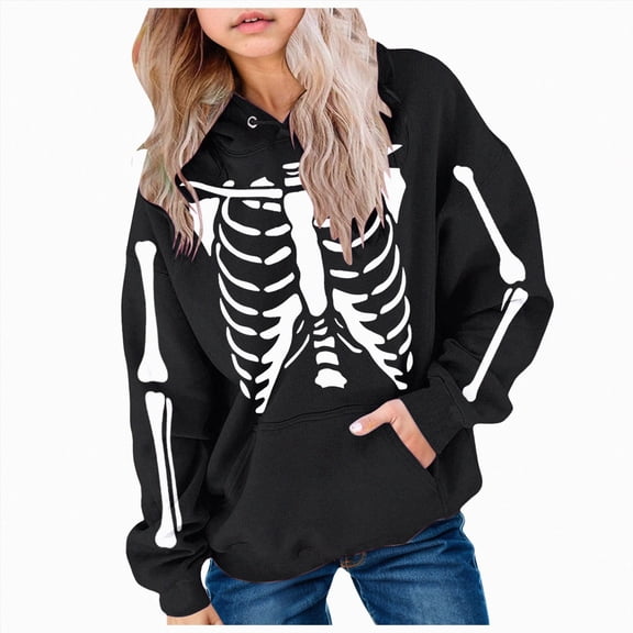 Wonitaaizi Girl Kids Halloween Hoodie with Pocket Skeleton Print Funny Pullover Oversized Sweatshirt for Girl (7-8 Years,Black)