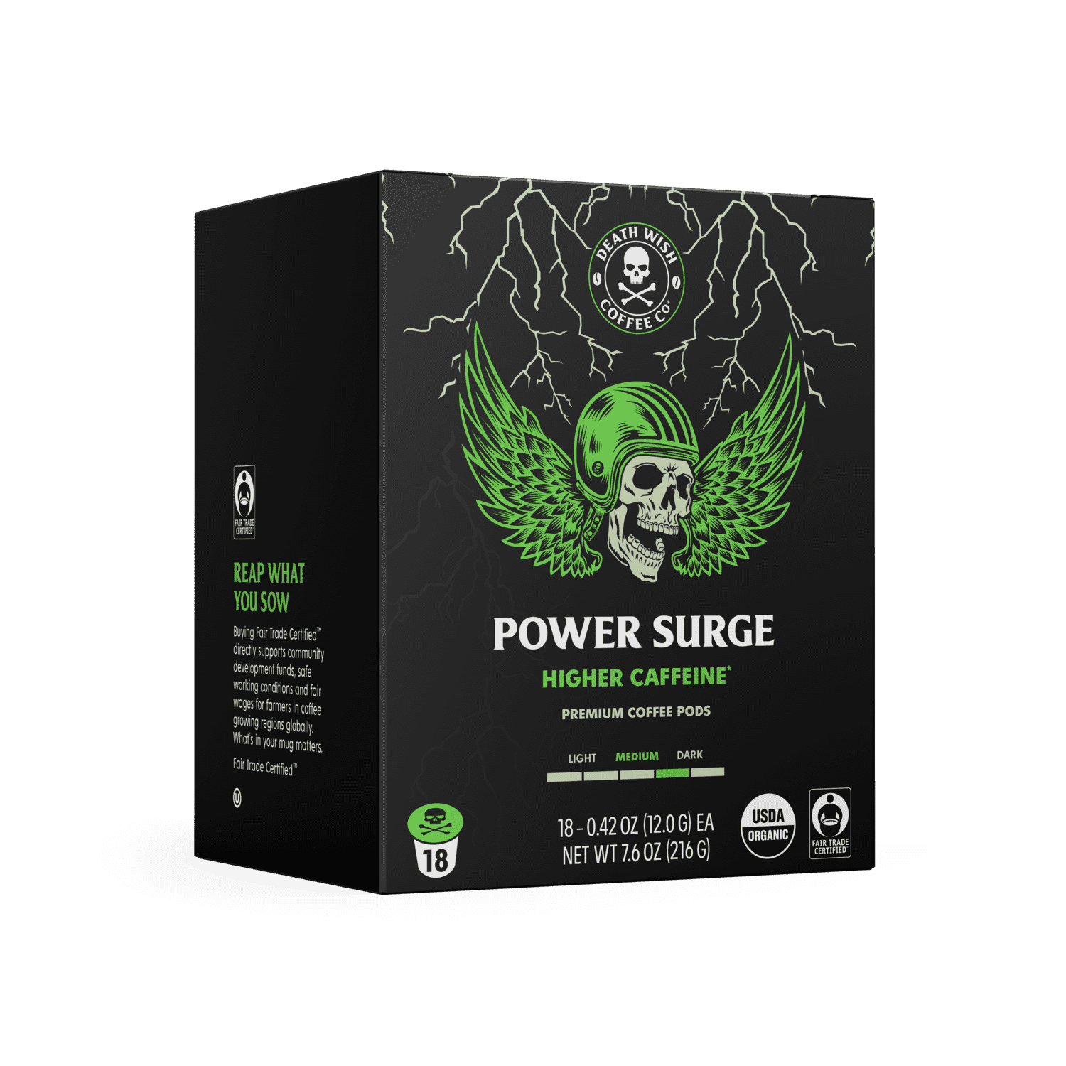 Death Wish Coffee Co., Power Surge, Higher Caffeine, Organic and Fair Trade™, Single Serve Coffee Pods, Medium Dark Roast, 18 Count