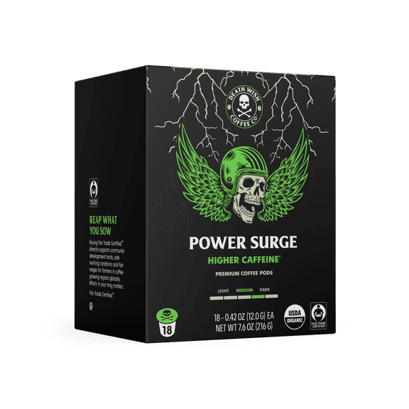 Death Wish Coffee, Organic and Fair Trade, Power Surge, High Caffeine, Single-Serve Coffee Pods, 18 Count