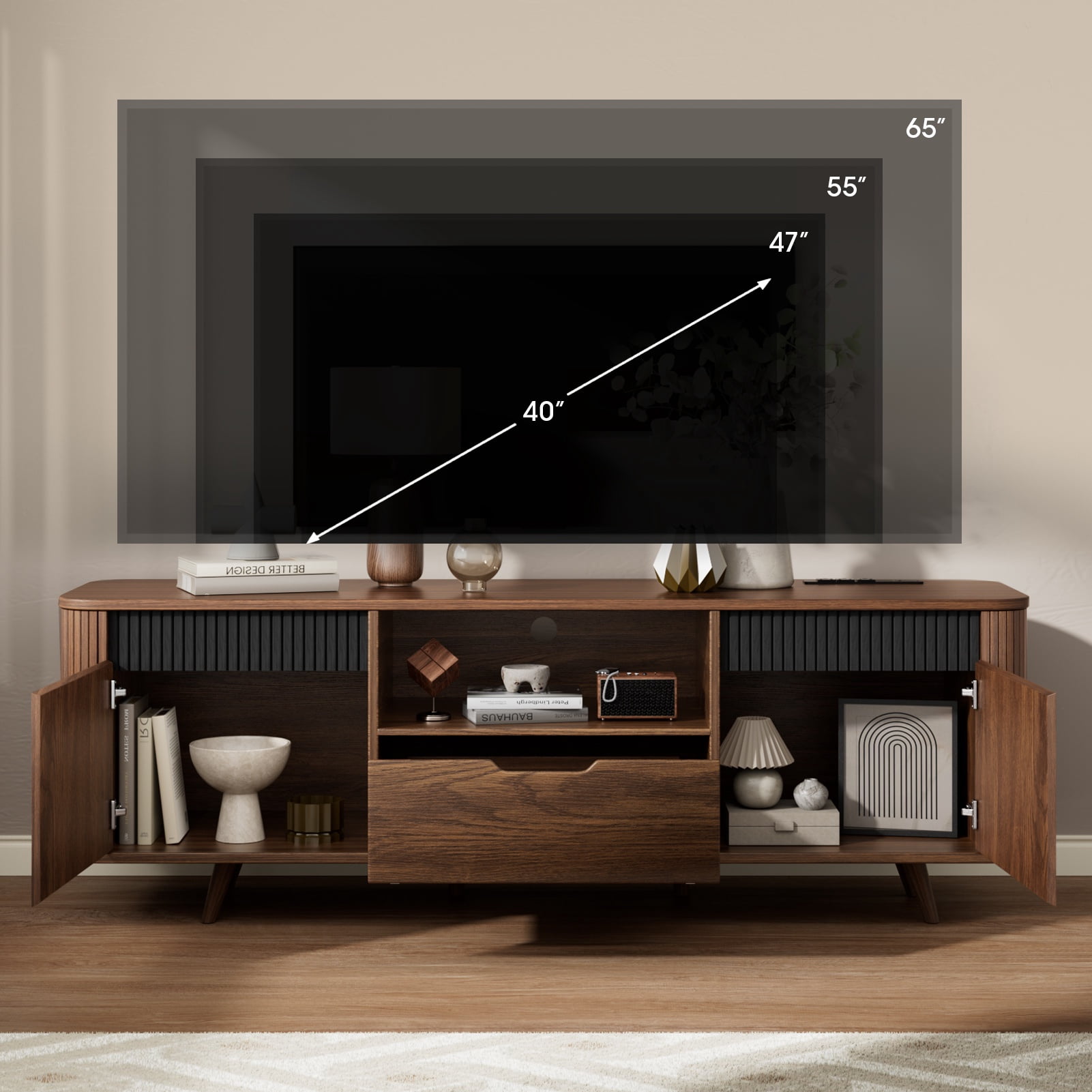 Tydimor TV Cabinet Stands for TVs up to 65", Entertainment Center with Storage Shelf & Outlet, Media Console Table with Drawers for Living Room
