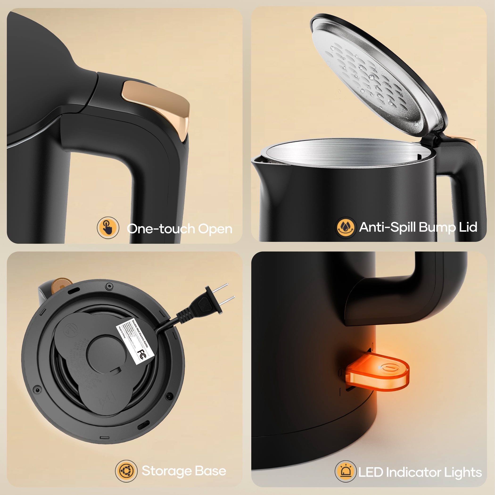 Electric Kettle, Double Wall 1.7L Stainless Steel Cool Touch, Water Boiler & Heater, 1500W Hot Tea Pot, Black
