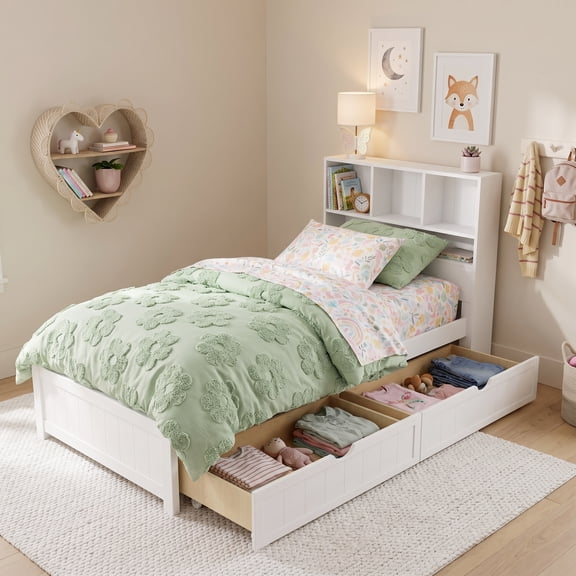 Euroco Wood Twin Size Platform Bed with Storage Headboard and Drawers, LED Light and USB Charging, White