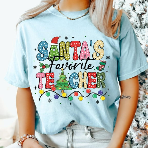Santa’s Favorite Teacher Christmas Graphic Print T-Shirt | Festive Holiday Lights Design