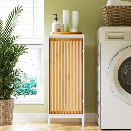 Living Room Side Cabinet with Bamboo Slats Door (Natural/White)
