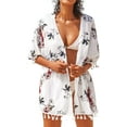 thumbnail image 1 of Femmes Froncé Dentelle Haut Taille Bikini Floral Cardigan Pompon Couvrir, 1 of 7
