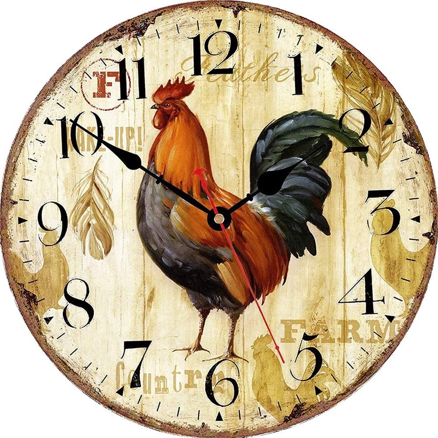 VOCOO Rooster Wall Clocks, 10-inch Round Wooden Silent Non Ticking Vintage Rustic Farmhouse Clock for Kitchen Home Office Decor(Battery Operated)