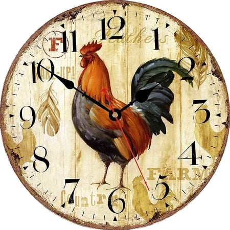 VOCOO Rooster Wall Clocks, 10 inch Round Wooden Silent Non Ticking Vintage Rustic Farmhouse Clock for Kitchen VOCOO Rooster Wall Clocks, 10 inch Round Wooden Silent Non Ticking Vintage Rustic Farmhouse Clock