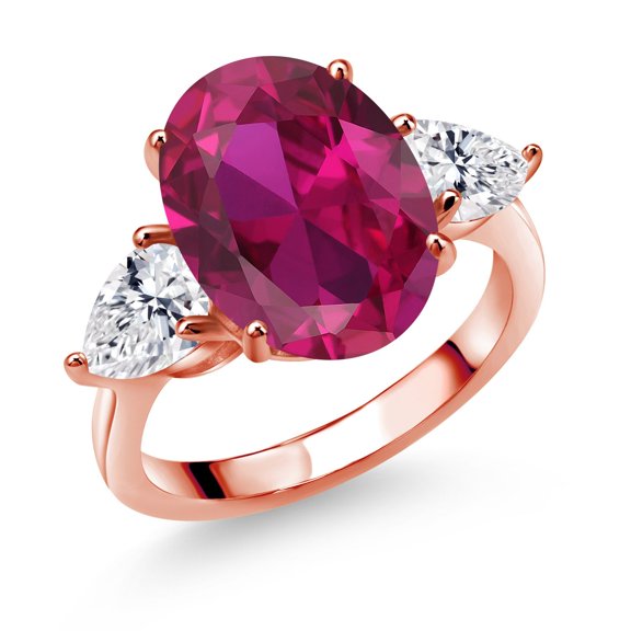 Gem Stone King 18K Rose Gold Plated Silver Red Created Ruby and Lab Grown Diamond Engagement Ring for Women | 4.04 Cttw | Oval 14X10MM | Gemstone July Birthstone | Size 9