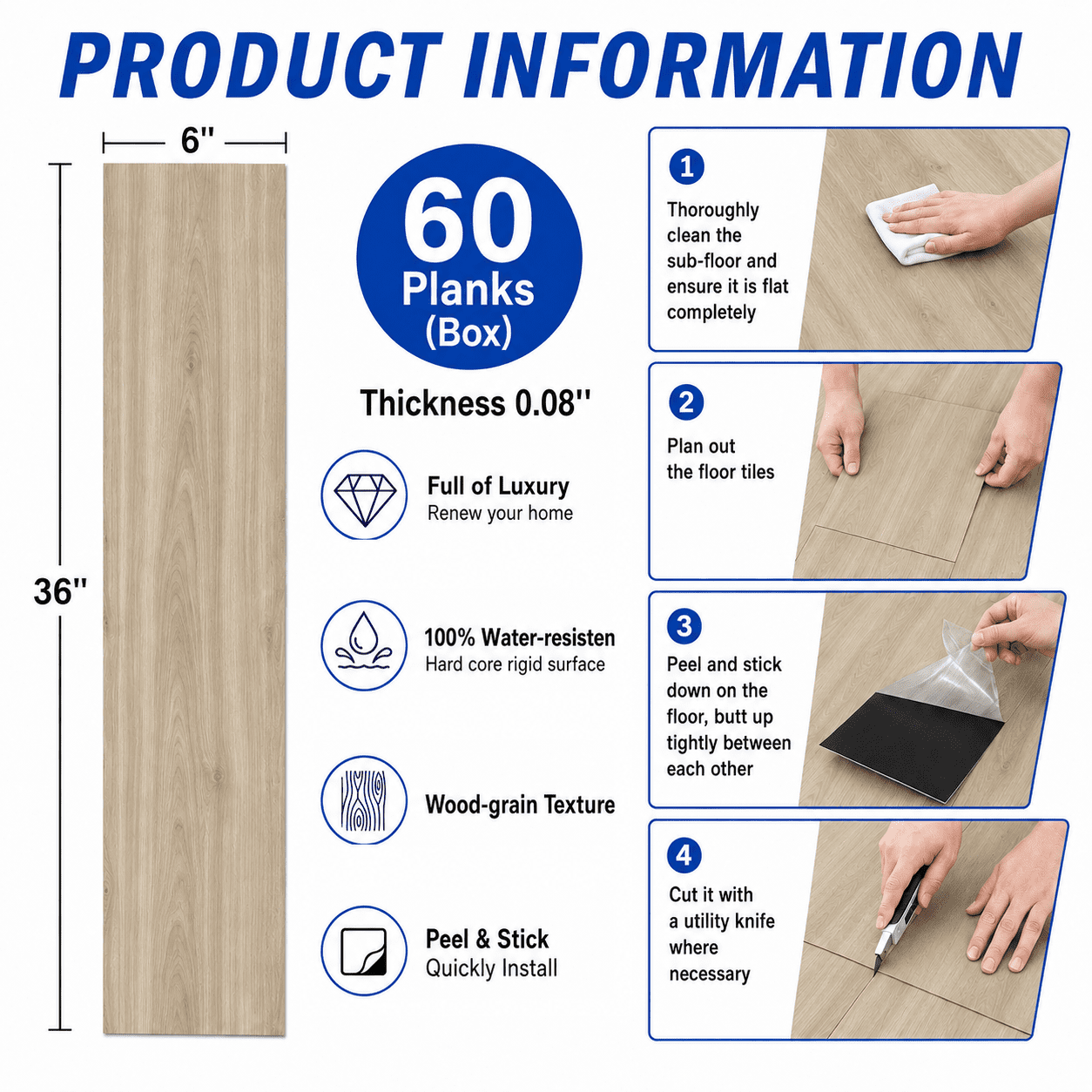 PVC Peel and Stick Flooring, 36"x6" Planks, 60 Pieces, Waterproof, Scratch Resistant, DIY Installation