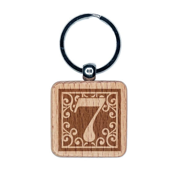 Monogram Swirls Number 7 Seven Square Keychain Charm Tag - Engraved Wood