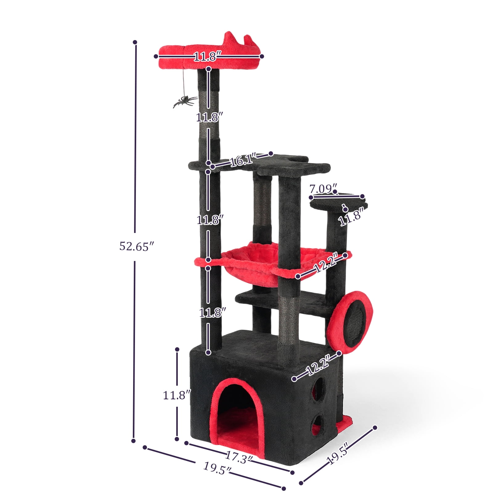 Tcbosik Cat Tree for Indoor Cats, 53 inch Cat Tower with Condo, Hammock and Padded Perch, Halloween Cat House with Scratching Post and Hanging Toy, Black & Red