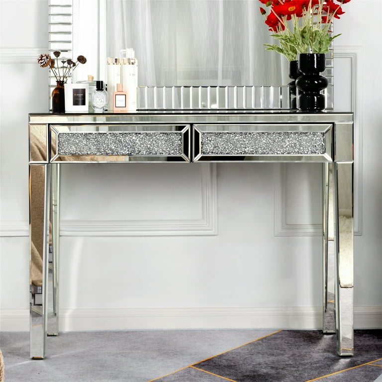 silver glitter dressing table Mirrored Vanity Dresser with Drawers for Bedroom, Silver Make Up Table Inlay with Crushed Crystals