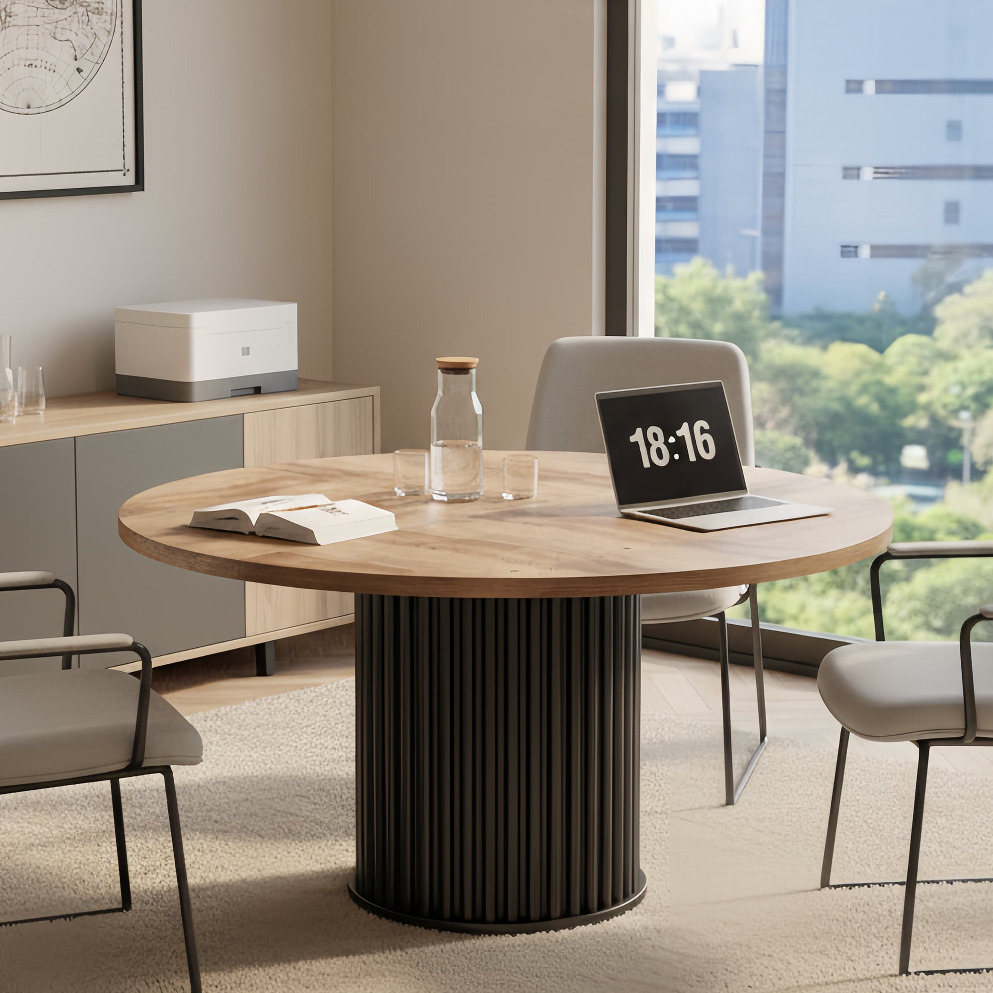 47-Inch Round Conference Table, 4-6 Person Space-Saving Meeting Table with Sturdy E1-Grade MDF Top & Metal Base, Perfect for Small Office, Conference Room, Brown + Black