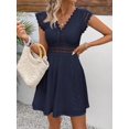 thumbnail image 6 of Blue Hollow Out Lace Trim V-Neck Short Sleeve A-Line Mini Dress, 6 of 6