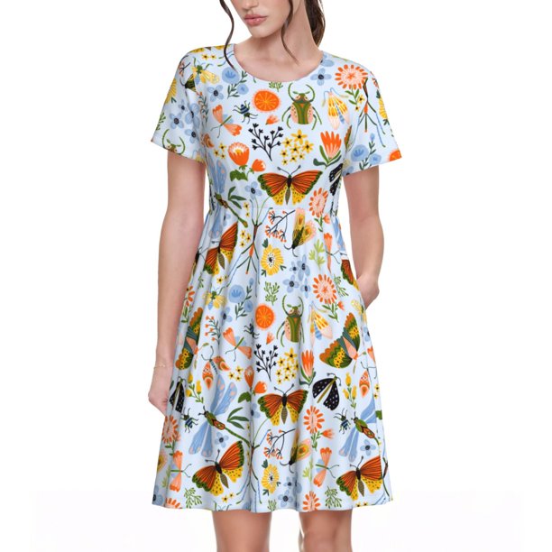 Easygdp Insects and Flowers para Vestido Transpirable de Mujer, Vestido Suelto de Manga Corta con Pliegues y Bolsillos para el Verano
