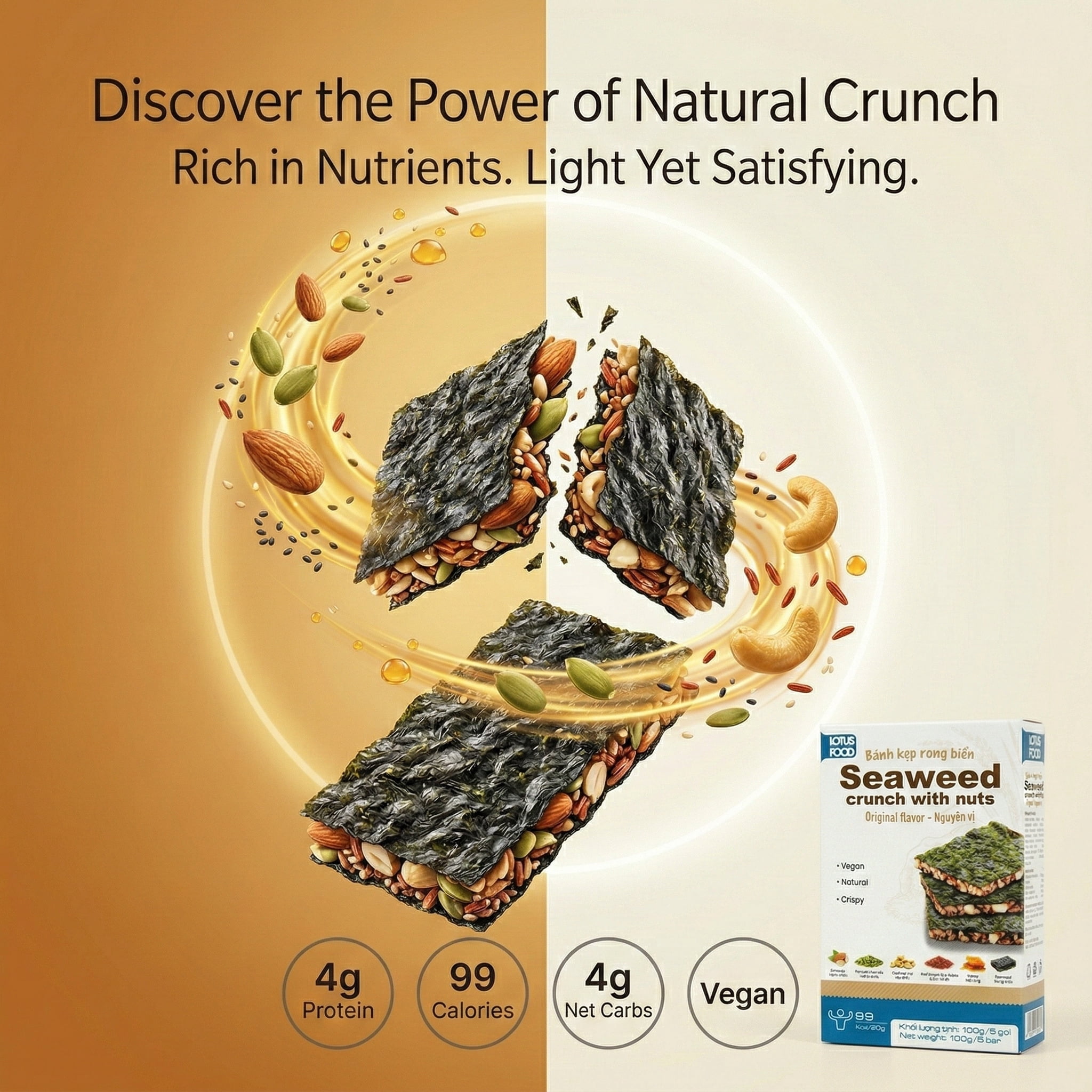 Veefood Lotus Seaweed Snack Crunch with Nuts – Crispy Roasted Seaweed Chips, Original Flavor, Healthy Vegan Snack, 3 Pack (100g Each)