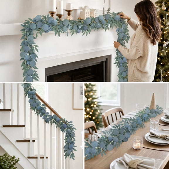 Clearance! 6.5FT Artificial Christmas Eucalyptus Willow Vine Garland, Artificial Pine Greenery Vine with Willow Leaves, Festive Holiday Mantel Wall Staircase Decor
