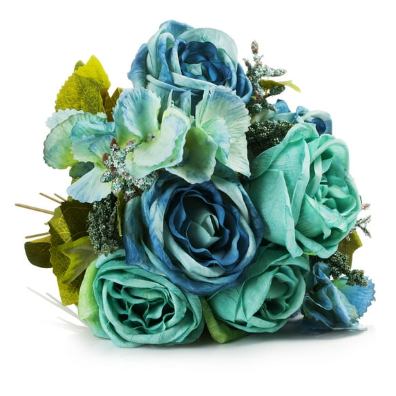 Enova Home 20" Tall Mixed Artificial Roses and Hydrangea Faux Flowers Bush for Home Office Wedding Vase Decoration (Aqua)